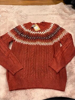 Cable Knit Fair Isle Crewneck Sweater in Rust